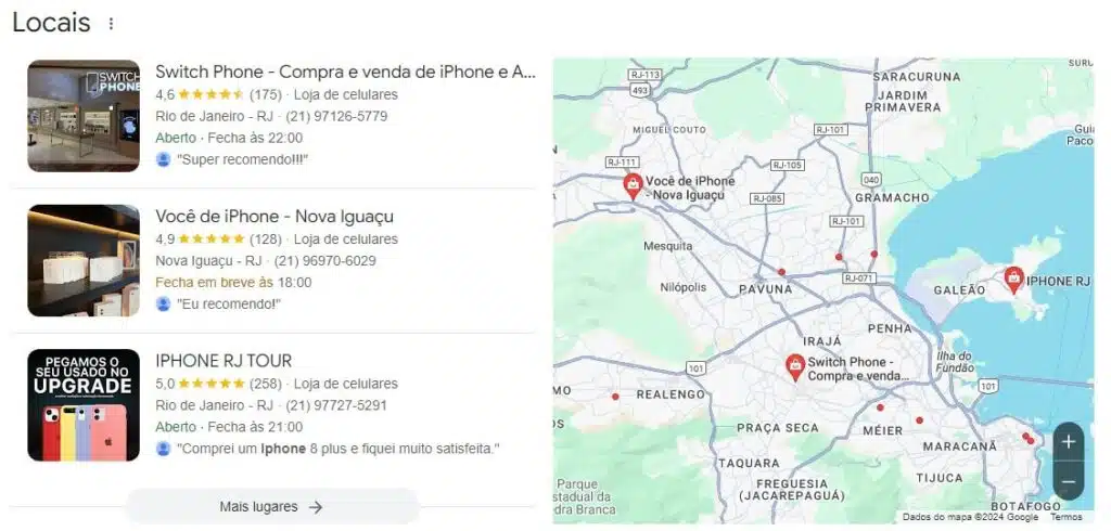 Resultados locais e mapa da região metropolitana do Rio de Janeiro em uma busca do Google
