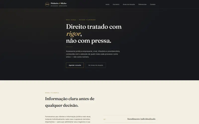 Página inicial do site Pinheiro e Micho Advogados